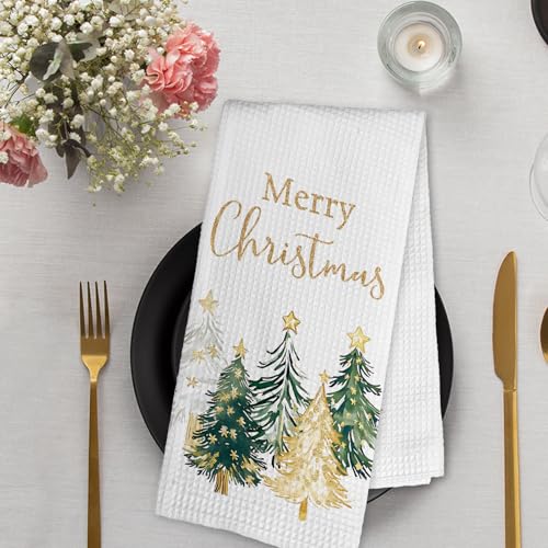 Gold and Green Christmas Tree Kitchen Towels Set of 2 - 16x24 in, DVHDAJED