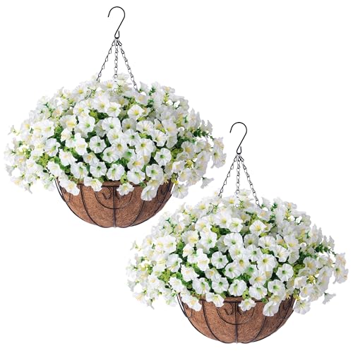 Ivydale 2 Pack Artificial Hanging Flower Baskets for Outdoors - White Morning Glory Faux Plants, UV Resistant, Realistic 24 Pcs Set