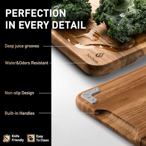 Multi-Size Teak Cutting Board Set - 3 Pack with Holder - Non-Toxic Kitchen Wood Boards