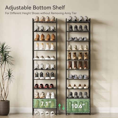 Nunsino Narrow 10-Tier Metal Shoe Rack - Black, Space Saving, Adjustable Storage