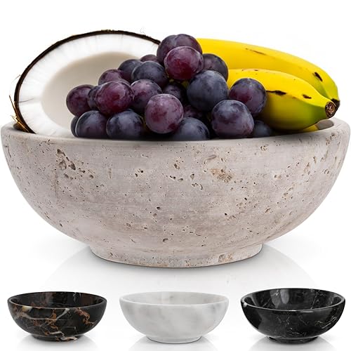 Travertine Decorative Bowl - 8-Inch Stone Centerpiece for Coffee Table & Home Decor - Heavy Natural Limestone