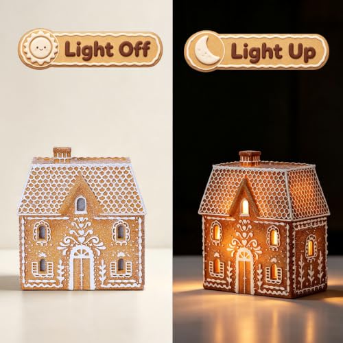 Cynkeyee Gingerbread House 6.5-inch Resin Figurine with Single Chimney - Lighted Xmas Village Cottage