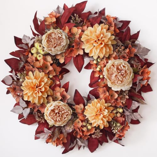 24-Inch Fall Artificial Peony Dahlia Wreath for Front Door Decor - Autumn Leaves
