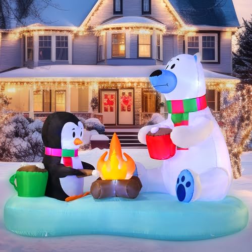 Joiedomi 6 ft Christmas Inflatable Polar Bear & Penguin with Campfire (Fire Bear) – Built-in LEDs, Lawn Decor