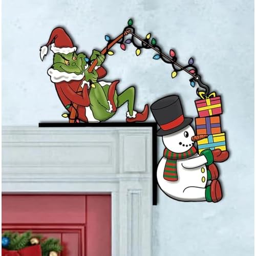 Griinch Christmas Door Frame Decorations, Funny Snowman Christmas Door Corner Decor Wooden Sign Door Topper, Farmhouse Christmas Door Sitter Gift Ornaments Decor for Window TV PC Mantel Cabinet Mirror