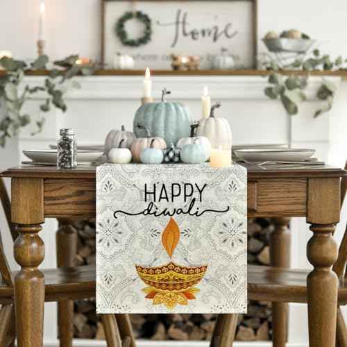 Artoid Mode Happy Diwali Table Runner, Festival of Light Marigold Holiday Kitchen Dining Table Decoration for Indoor Outdoor Home Party Decor 13x90 Inch