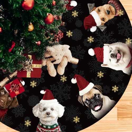Dog Christmas Tree Skirt 48 Inches Black and Gold Xmas Under Base