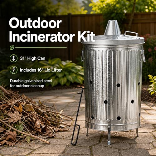 20-Gallon Galvanized Steel Incinerator Can with Lid and Ventilation Holes - Outdoor Yard Waste Burner