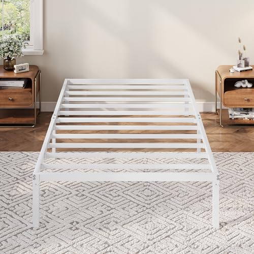 Allewie White Twin Metal Bed Frame with Storage, 12 Inch Platform Bed
