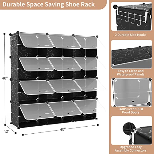 Portable 8-Tier Shoe Cabinet - Black, 48 Pairs Capacity, Space Saving Shoe Organizer with Hooks