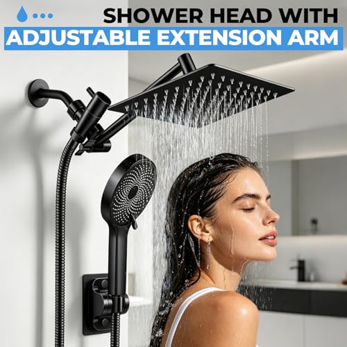 Yurnomy Black 8 Inch Multifunction Rain Shower Head with Handheld Spray & 11" Extension Arm