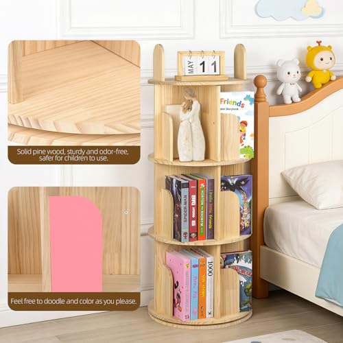 Kryonix 3 Tier Kids Rotating Bookshelf, Spinning Solid Pine Wood