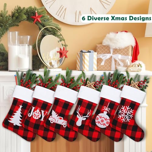 Aodaer 12 Pack Red and Black Buffalo Plaid Christmas Stockings 15 Inch Felt Reindeer Snowflake Pattern Holiday Decor