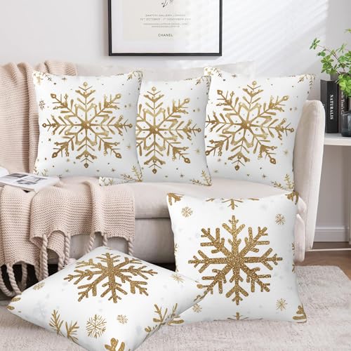 Naqiuli Snowflake with Gold Glitter Throw Pillow Covers Set of 2 18x18 Inches Christmas Decor
