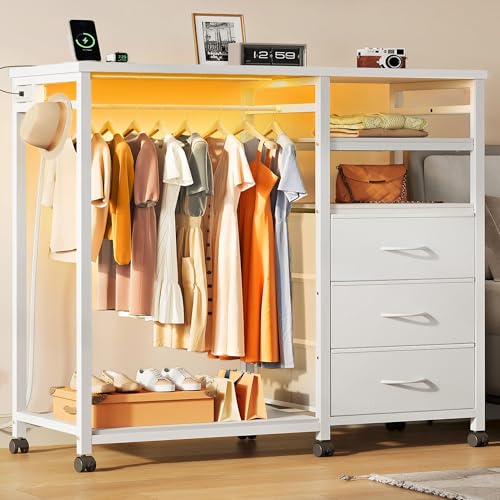 WLIVE White LED Dresser with 3 Drawers & Hanging Rack for Bedroom
