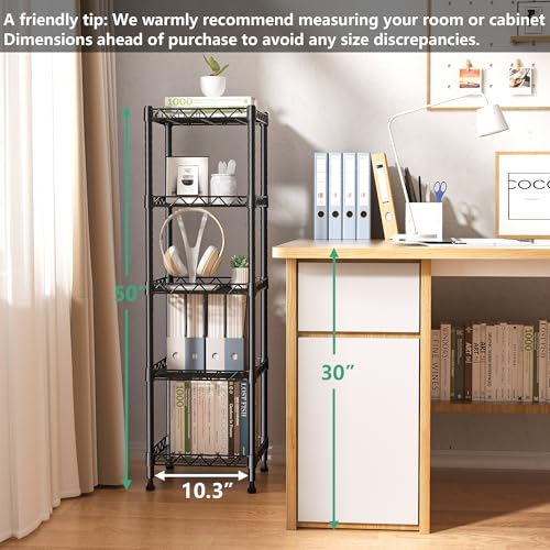 Adjustable 5-Tier Metal Wire Shelving Unit - Black, Narrow Storage Rack