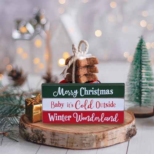 Rustic Wooden Christmas Sign Blocks, 3pcs Farmhouse Decorations Indoor, Tiered Tray Decor, Xmas Centerpiece, Merry Christmas Wood Signs for Home Desk Office Bedroom Shelf (3pcs)
