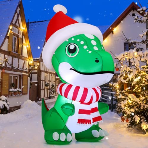GOOSH 5 ft Christmas Dinosaur Inflatable with LED Lights, T Rex Yard Decor