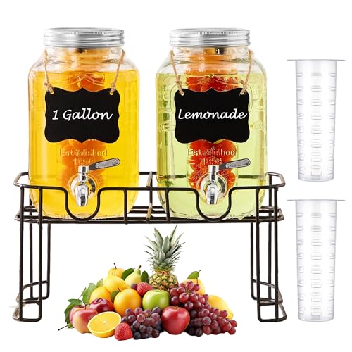Double Gallon Glass Beverage Dispenser Set with Stand & Fruit Infuser - Stainless Steel Spigot