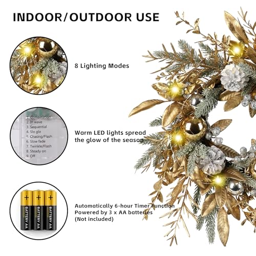Christmas Wreath 19 Inch Door Decorations with Warm Lights,Christmas