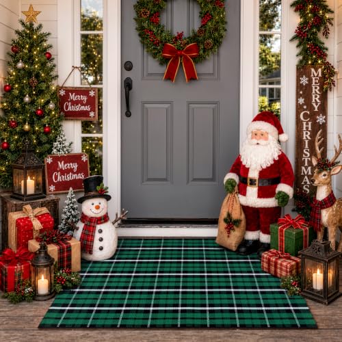 Christmas Door Mat 28x43 Inches Buffalo Plaid Cotton Outdoor Rug, Green & Black, Washable