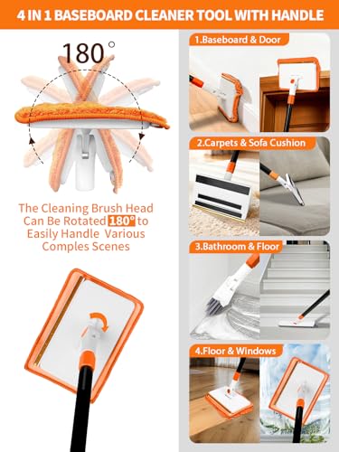 4-in-1 Extendable Baseboard Cleaner with Reusable Pads & Carpet Rake