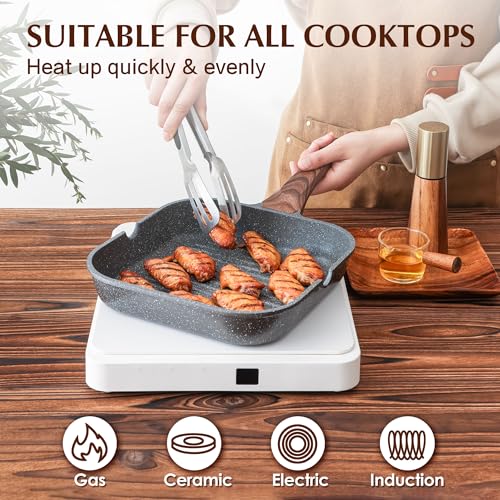 Gray Granite 12-Inch Nonstick Grill Pan for Stove Tops - Versatile Indoor & Outdoor Skillet with Pour Spouts