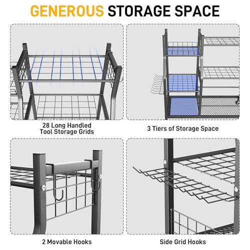 Large Garden Tool Organizer Stand with Wheels, Heavy Duty Steel Storage Rack