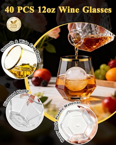 40 Pcs Gold Rim Diamond Clear Plastic Wine Glasses, 12 oz – BESTSTAR