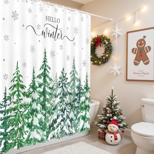 Mocsicka Winter Christmas Shower Curtain 72 x 72 in – Snow Scene Pine Trees, Waterproof Polyester