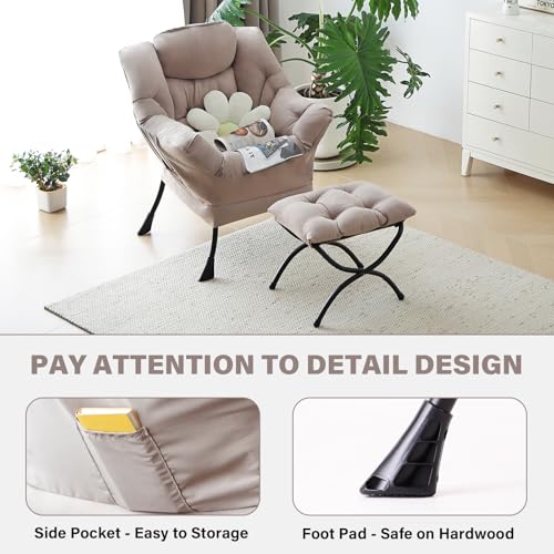 Tiita Lazy Chair with Ottoman - Khaki Peach Skin Accent Reading Chair