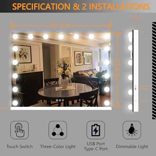 Hasipu 32x24 Inch White Hollywood Makeup Vanity Mirror with Lights, 17 Dimmable LED Bulbs & 10X Magnification