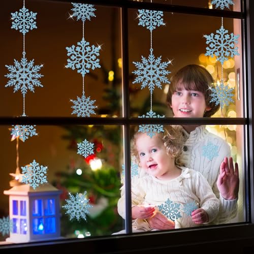 36Pcs Blue Glitter Snowflake Decorations Christmas Ornaments, Hanging Plastic Snow Flakes Ornaments with Silver Rope for Christmas Tree Decorations, Winter Wonderland Party Supplies
