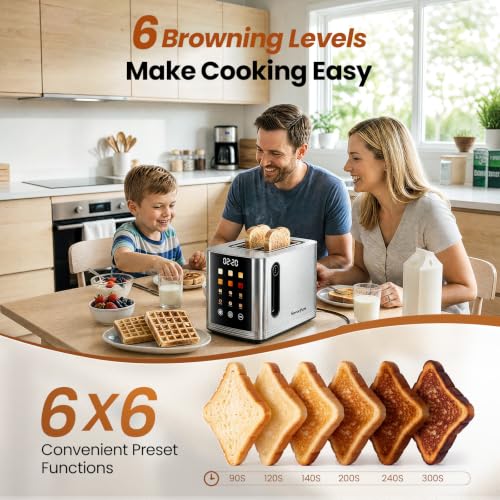 Silver 2-Slice Touch Screen Toaster with Wide Slots, Smart LED Countdown