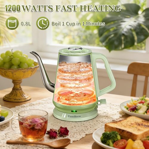 Gooseneck Electric Kettle 0.8L, 1200W Fast Boil, Stainless Steel, Green