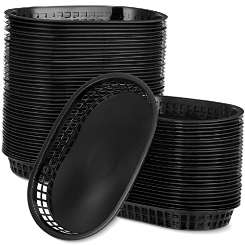 Black Fast Food Baskets 10.5 x 7 Inch Pack of 100 - Reusable Plastic Serving Baskets - Restaurant & Party Supplies (Black / 100)