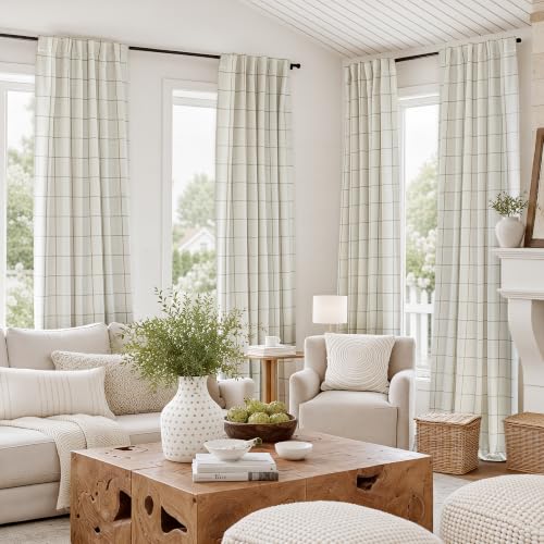 Taupe Blackout Linen Curtains 52x84 Inches, Pack of 2, Rustic Plaid Design