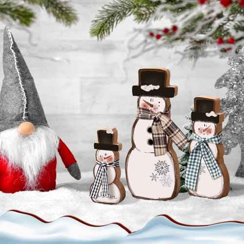 Suzile 3 Pcs Christmas Snowman Table Decorations Winter Wooden Snowman Centerpiece Block Signs Tiered Tray Desktop Figurine for Indoor Fireplace Mantel Home Decor Holiday Xmas Party Supplies