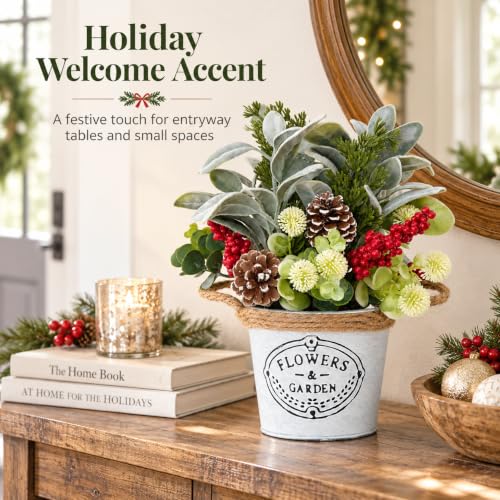 Christmas Table Decor with Metal Pot, Winter Xmas Centerpieces for