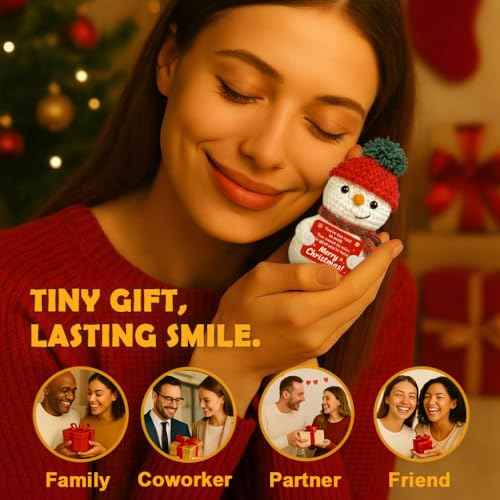 Crochet Snowman Decor, Merry Christmas Stocking Stuffers for Women Men, Holiday Secret Santa Gifts for Coworker, Small Cute Christmas Desk Table Decorations