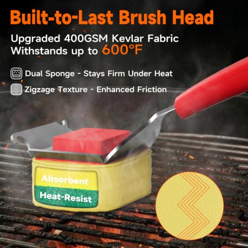 Bristle-Free Grill Brush with Heat-Resistant Kevlar Fiber Head, Red
