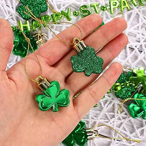 Leinuosen 24 Pieces St Patrick's Day Shamrocks Ornament for Tree Mini Clover Decorations Lucky Irish Green Trefoil Hanging Bauble for Christmas St Patricks Day Table Shelf Decoration(glossy & Glitter)