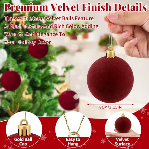 OCTERIC Red Velvet Christmas Ball Ornaments Set, 24 Pack 3.15 Inch Shatterproof Holiday Decorations
