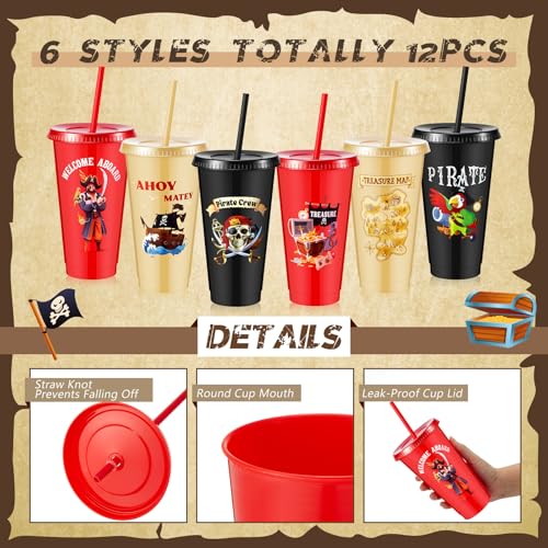 Uiifan 24 Pcs Pirate Plastic Cups with Lids & Straws - 24 oz Reusable Party Tumblers, Pirate Themed Birthday & Holiday Favors, 6 Styles