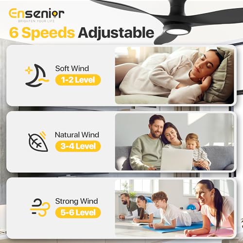 Ensenior 52 Inch Black Flush Mount Ceiling Fan with Lights & Remote