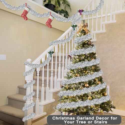50FT Silver Metallic Twist Shiny Garland for Christmas Tree Decorations, Xmas Holiday Hanging Garland for Home Mantle Stair Indoor Outdoor Party Supplies Decor