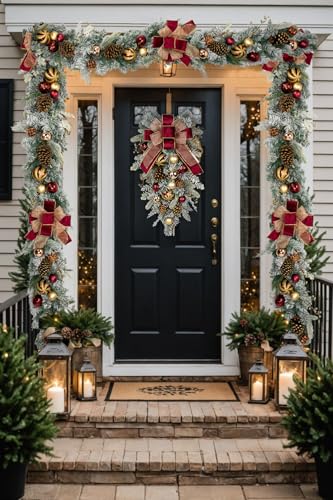 Arborus Burgundy Teardrop Swag 30" Front Door Christmas Decor with Pine Cones & Berry Clusters