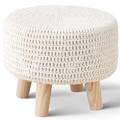 Beige 13-Inch Handmade Cotton Knitted Boho Ottoman with Wooden Legs