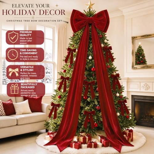 Memgift Burgundy Velvet Christmas Bow Set with 20"x71" Topper & 12 Small Bows - Holiday Tree Decorations