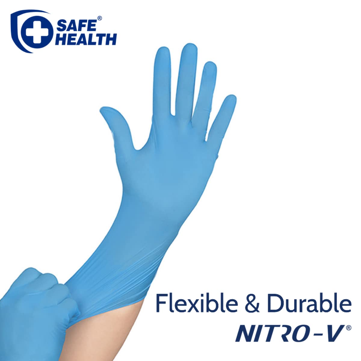 Safe Health NITRO-V Nitrile-Vinyl Synthetic Exam Disposable Gloves, Latex Free, Powder Free, Blue, Case of 1000, Large, Medical Grade, Clinic, Nursing, Food, Hair Salon, Cleaning, Housework